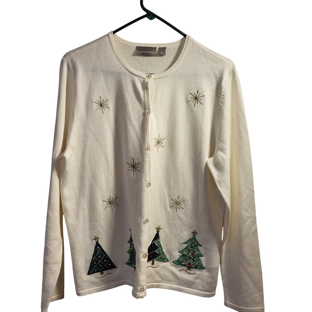 Croft & Barrow Women's Cream Christmas Tree Cardigan Sweater Size L - Picture 1 of 5
